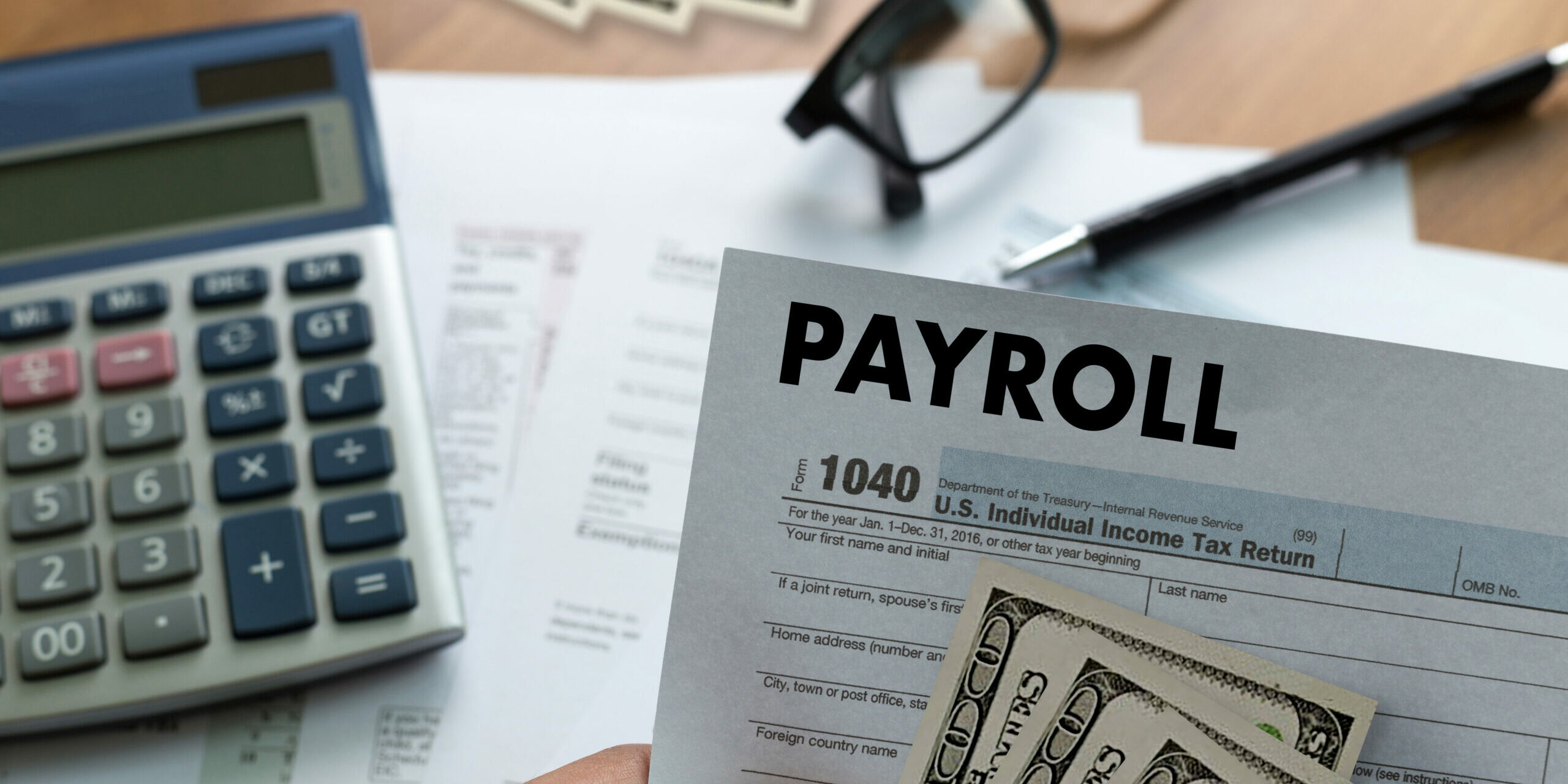 PAYROLL Businessman working Financial accounting concept