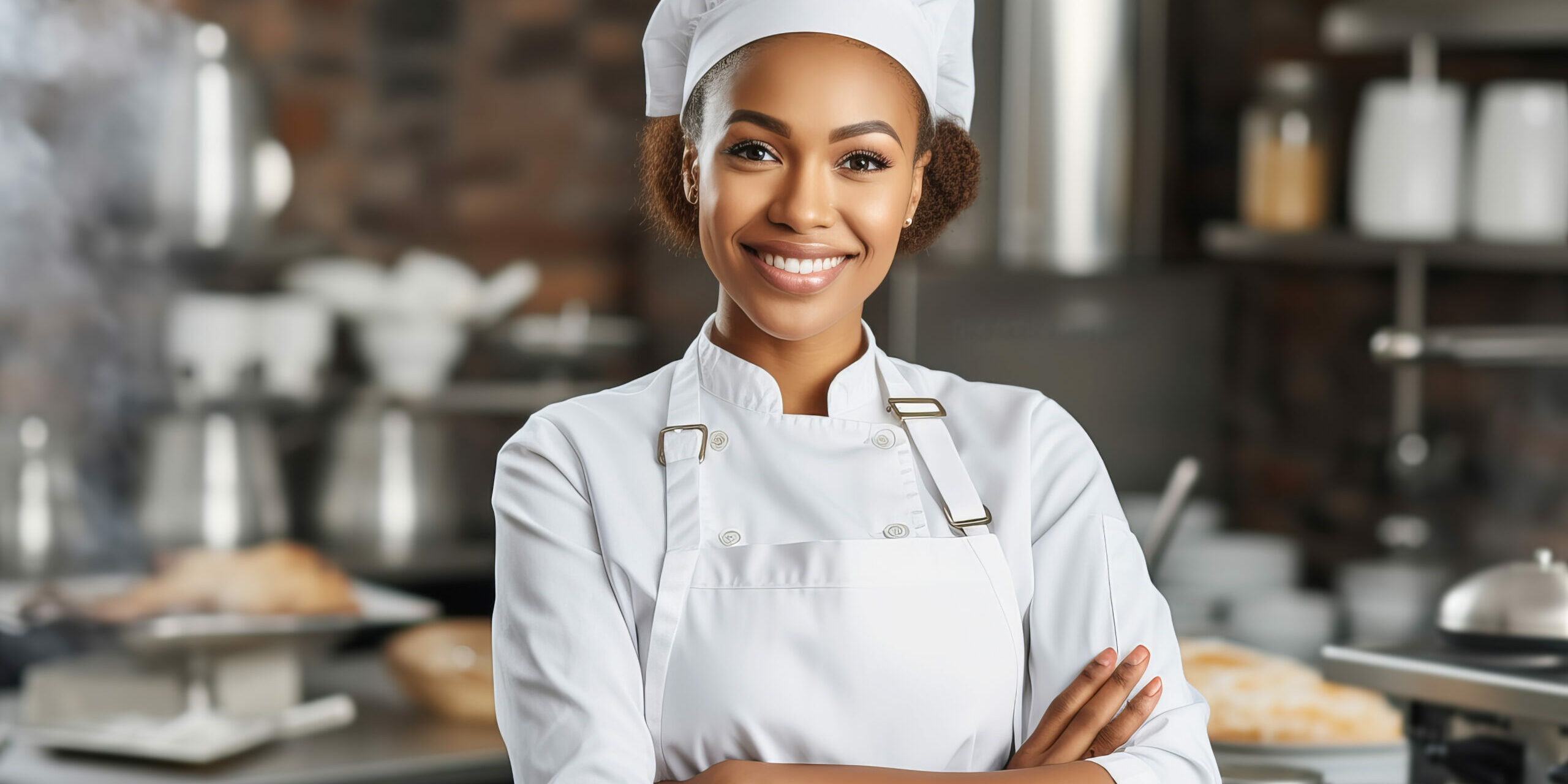 African american chef woman preparing food in a professional kitchen.